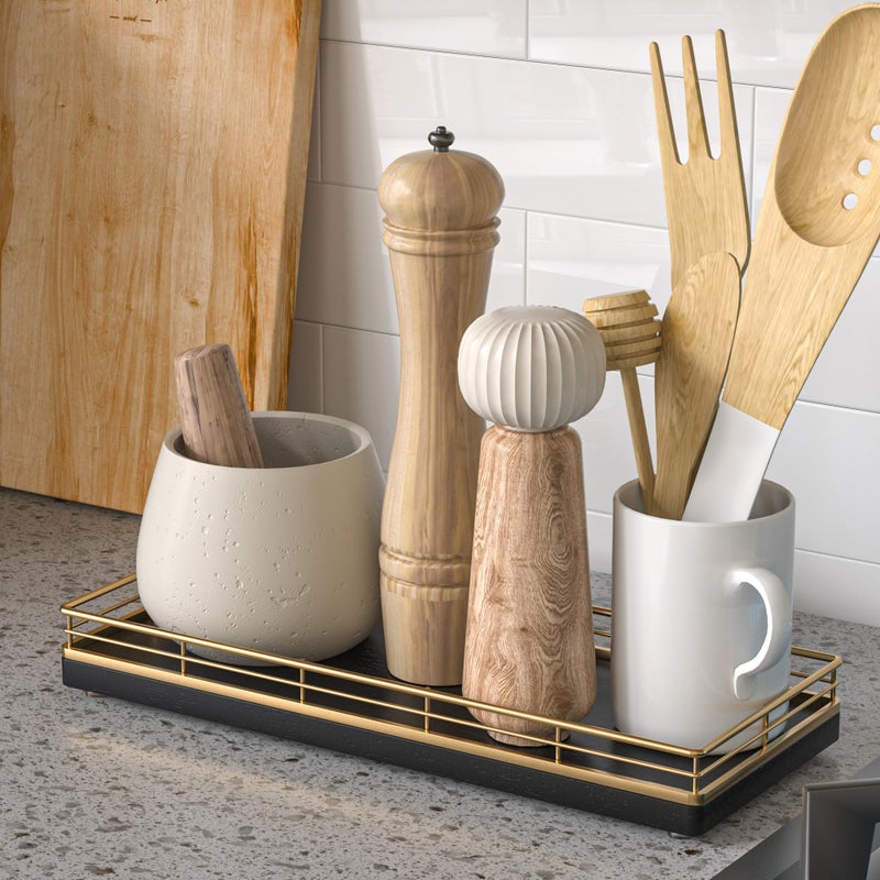 Focusonit Oak Wooden Decorative Kitchen Tray  11"" L Dish Soap Sponge Holder for Sink Countertop Spice Salt and Pepper Organizer for Dining Room Perfume Jewelry Coffee Table Tray Table Centerpieces Decor Gold - Image 3